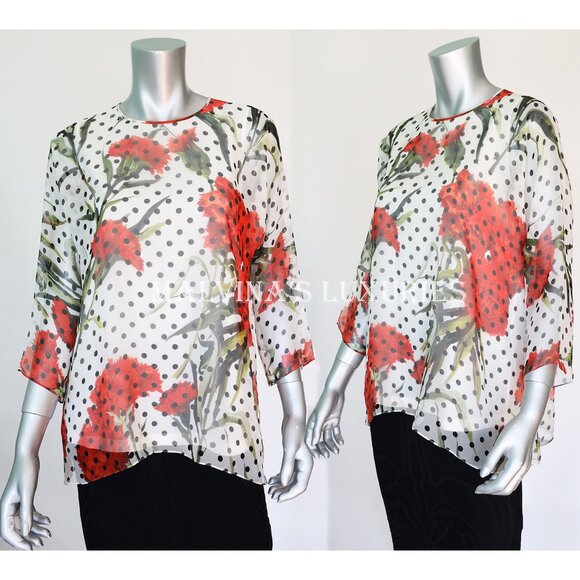 DOLCE & GABBANA BLOUSE CHIFFON POLKA DOT CARNATIONS SILK TOP sz 40 US 4 - Picture 9 of 10